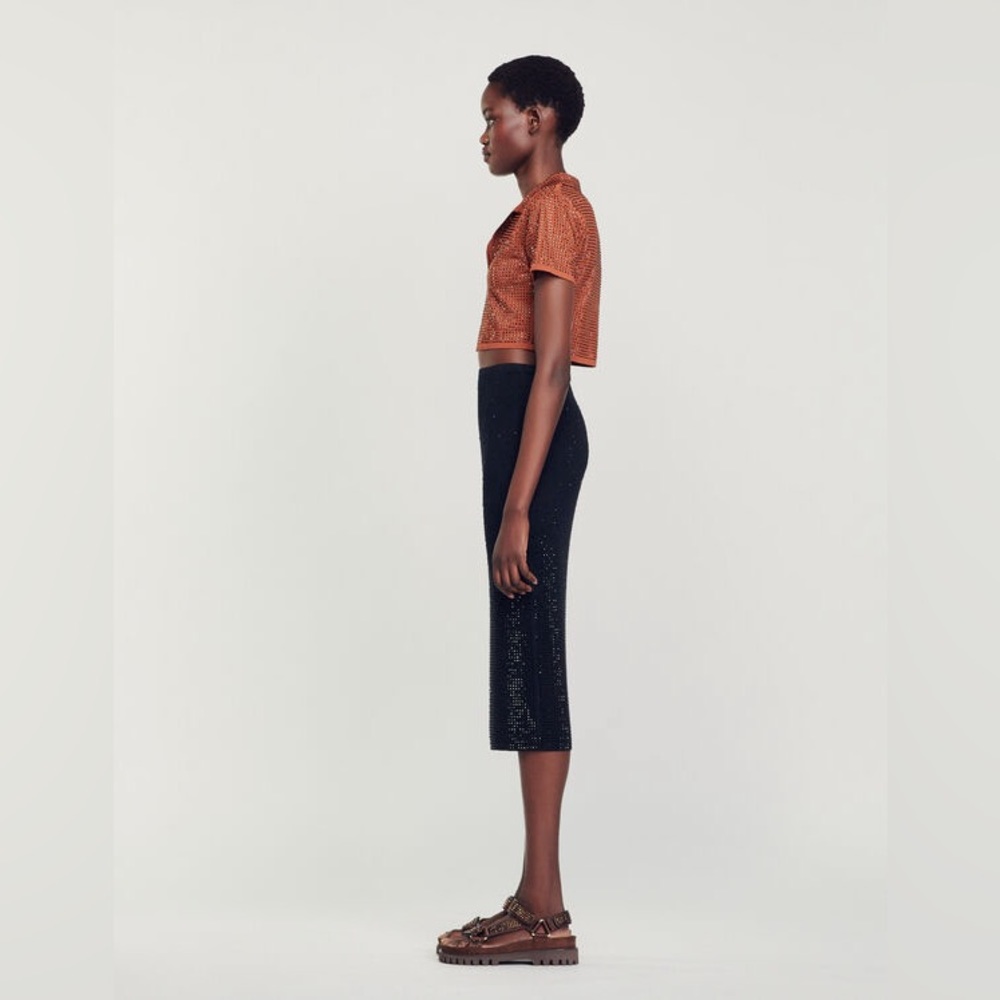 NWT Sandro Manray Black Rhinestone-embellished Midi Skirt—with seam rip - Picture 5 of 11